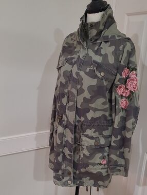Blue Rain Camouflage Jacket with Pink Rose Embroidery